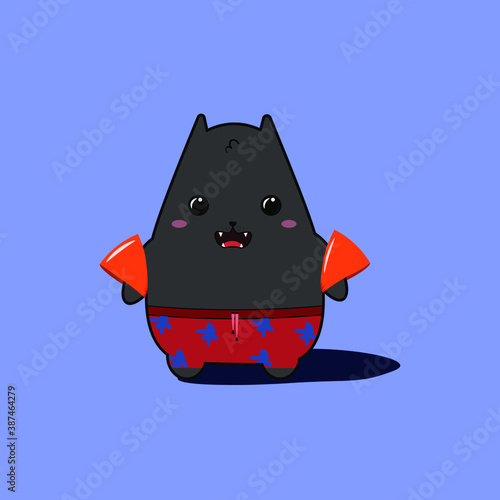Cat in swimming armbands and beach trunks. Vector image in eps format.