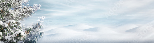 Banner winter background fir tree in snow and drifts and sky with clouds © SerPhoto