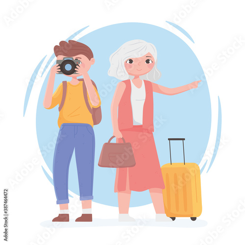people traveling, elderly woman and young man with camera and suitcase
