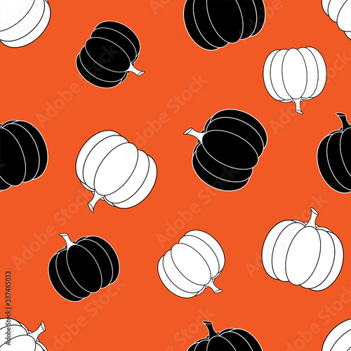 Seamless pattern with pumpkins. Outline illustration. Halloween pumpkins isolated on orange background.