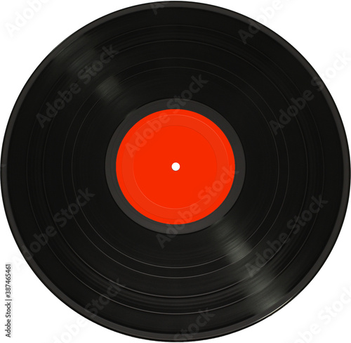 Vinyl record disc with red label isolated over a white background.