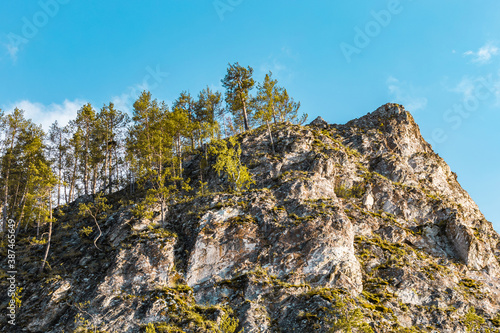 beautiful landscape with high rocky mountains in Russia, green grass and tree forest under clear blue sky