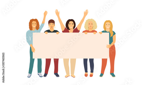 women standing together and holding a blank banner. People taking part parade. female protesters or activists. Flat vector illustration