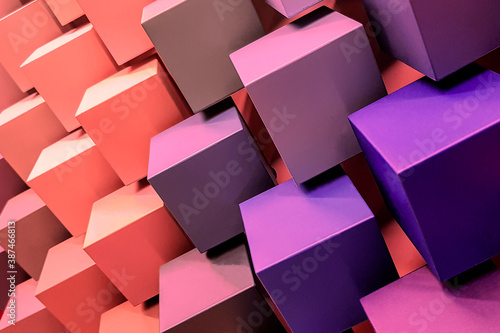 Lots of colorful cubes of diagonally. Neon modern trend. Hypnotic effect. 3D illustration. purplish color
