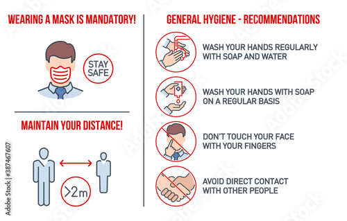 Set of CoronaVirus COVID19 Safety Measures and Precautions Signs. How to Protect Yourself. Infographics Poster Suitable for Print. Prevention, hygiene, distance and Wearing a mask is mandatory banner