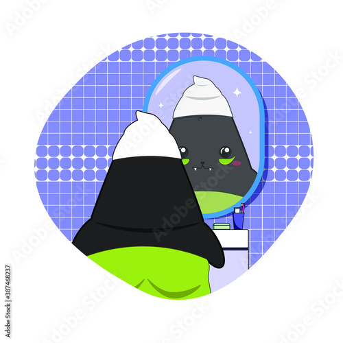 The cat performs grooming procedures in front of the mirror. Vector image in eps format.
