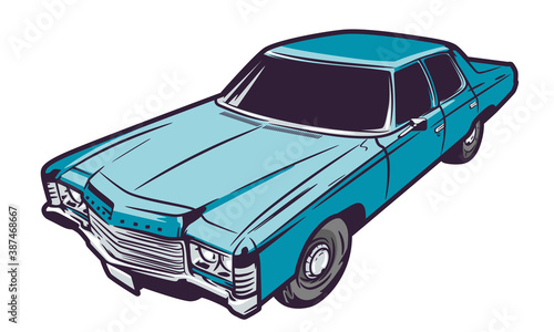 A blue American car turned three-quarters towards us.  Isolated on white background, there is a place for an inscription