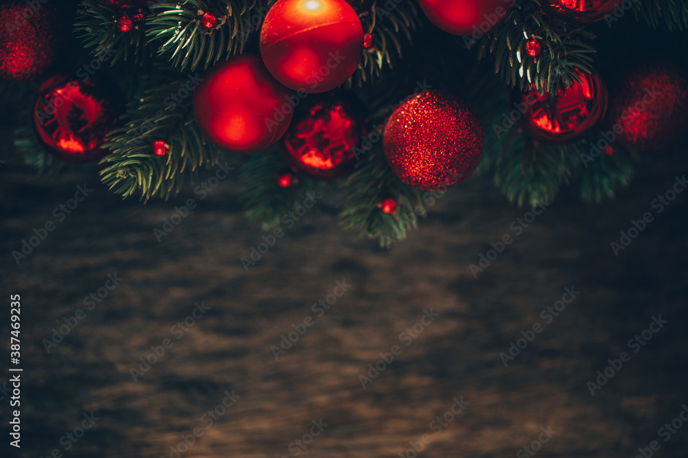 Christmas red balls. Christmas wooden table. Decoration. Christmas red balls. Christmas wooden table. Decoration.