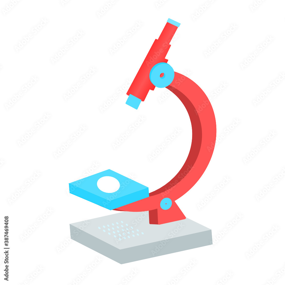 Isometric microscope icon. Symbol of science, chemistry, pharmaceutical instrument, microbiology magnifying tool. 3D Microscope for graphic design template. Suitable for logo, web site, UI, mobile app