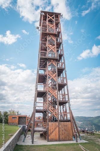 Observation deck lookout tower called Milada near Orlik dam in evening light, Pribram, Czech republic