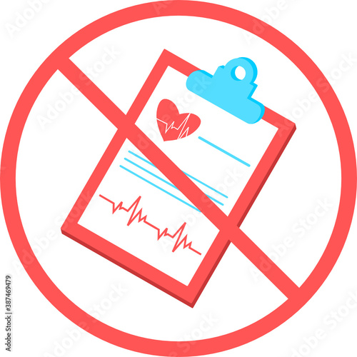 No medical report sign or no clinical prescription record flat vector icon isolated in white background for apps mobile, print and websites. Warning label.
