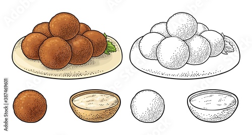 Falafel with sauce - dish middle eastern traditional food. Vector flat color icon isolated on white.