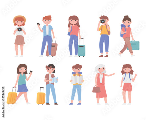 people traveling, different persons tourists with camera map backpack suitcase