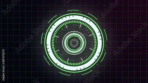 Wallpaper Mural Detailed radial Heads-Up-Display HUD rotating graphics for sci-fi, gaming or drone footage. Loop ready animation. Includes black background and green screen chroma key versions. Torontodigital.ca