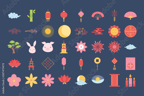 oriental element decoration include flower pagoda lamp tree lantern candles icons set color design