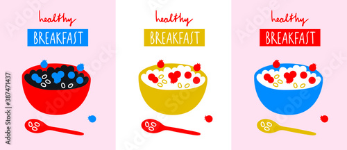 Set of three banners Healthy breakfast vector. Blueberry and muesli illustration. Flat trendy abstract style. Still life. Morning poster. Scandinavian design. All elements are isolated   