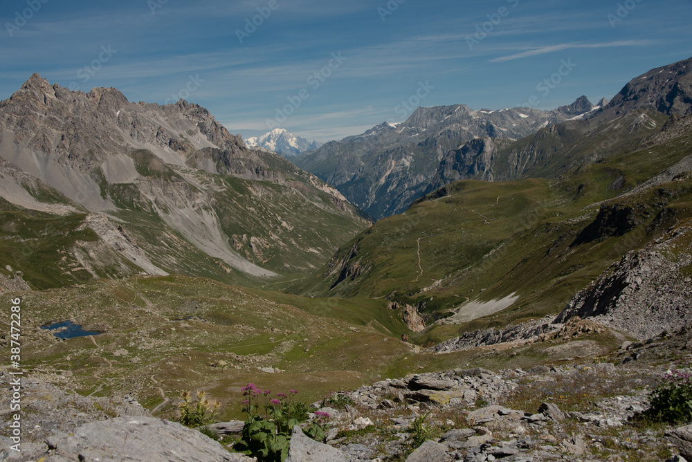 the superb panorama with a view of Mont Blanc as you descend the Chaviere pass en Vanoise in the French Alps