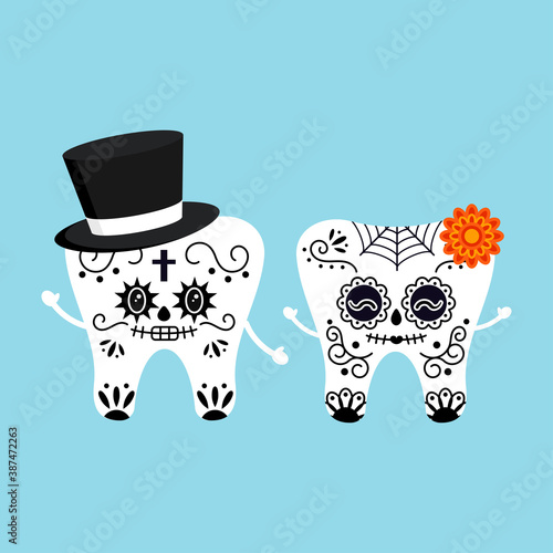 Cute tooth with mexican day of the dead skull makeup costume isolated vector icon set. Carnival  tooth boy with hat and girl with marigold - dental character. Flat design cartoon style illustration.