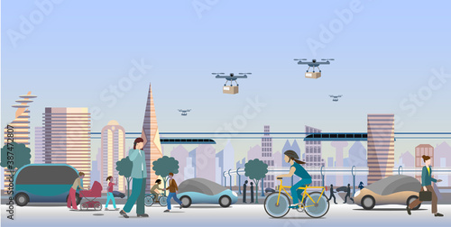 Modern  future city view. Renewable electrified city transports. Driverless vehicles and drones for light deliveries. Vector Illustration. 