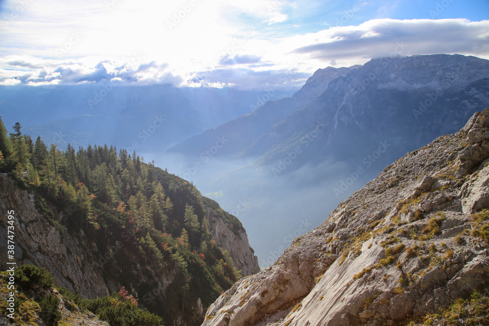 View of mountains and valley in the Alps near Hallein, Austria on a misty morning