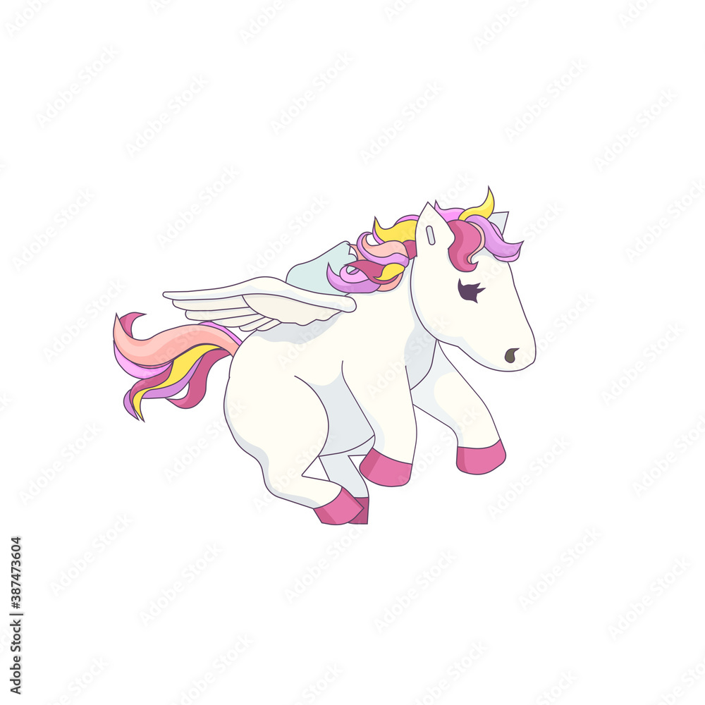 Fototapeta premium Cute flying Pegasus in Cartoon design style, vector stock illustration on white isolated background, concept of Magic and Mythology, Cartoons and pictures for Children, Fantasy and Fairy.