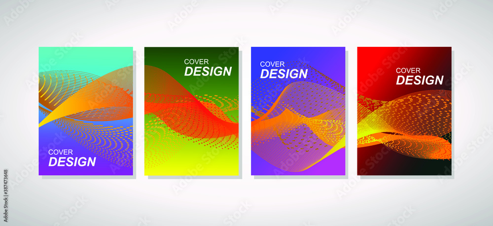 The cover design template is set with abstract waves pattern, modern gradient style, different colors on background for decoration presentations, brochures, catalogs, posters, books, 