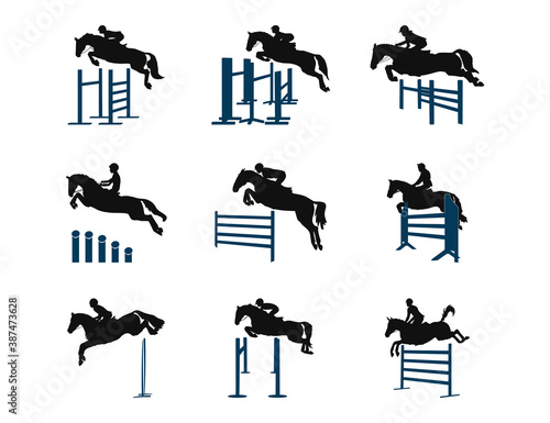 Set of silhouettes on the theme of show jumping