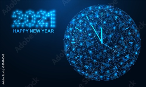Happy new year 2021. The clock shows five minutes to twelve. Polygonal construction of concatenated lines and points. Blue background.