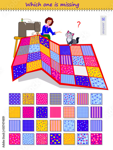 Logic puzzle game for children and adults. Which one of the patterns is missing on the carpet? Memory training exercises for seniors. Page for kids brain teaser book. IQ test. Play online.