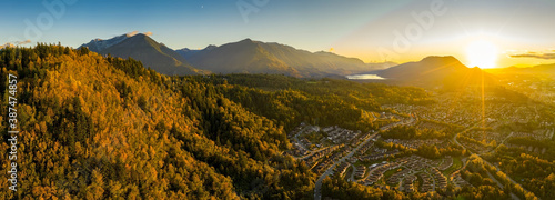 Ultra wide angle aerial panorama photo of the Chilliwack city that seats in the Fraser Valley in British Columbia, Canada