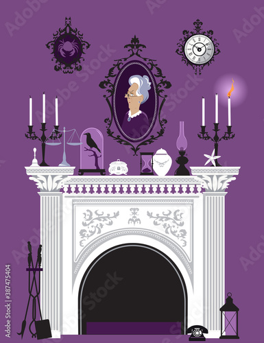 Victorian interior with a marble fireplace, portrait and mantle decorations, EPS 8 vector illustration