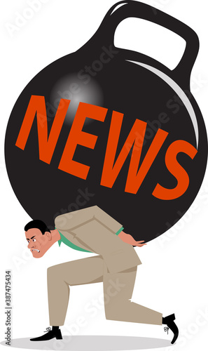 Stressed man crushed under a burden of news, EPS 8 vector illustration
