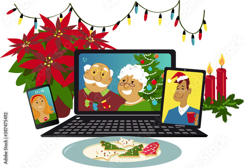 Online Christmas celebration with family members communicating via video chat from different gadgets, EPS 8 vector illustration	