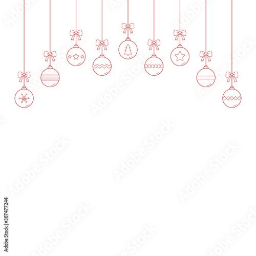 Hanging Christmas balls on background with copyspace. Festive ornament. Vector