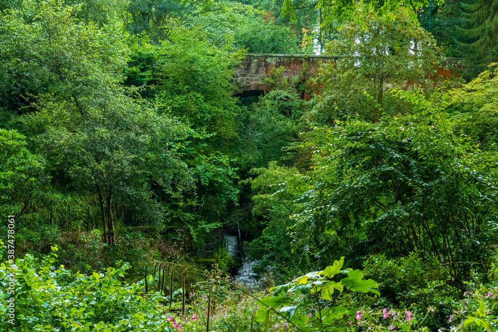 Obraz premium Fluss Tower burn mit kleinem Wasserfall im öffenlichen Pittencrieff Park Dunfermline
