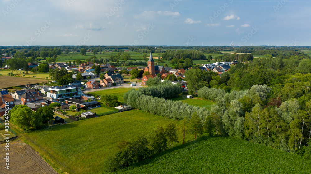 Aerial view towards the village of Puivelde, in East Flanders,  Belgium