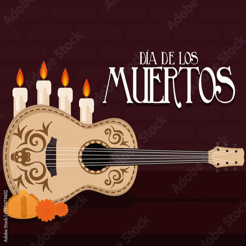 Dia de los muertos poster with a guitar and candles - Vector