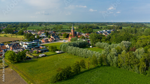 Aerial view towards the village of Puivelde, in East Flanders, Belgium