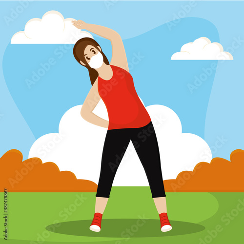 woman exercise in the park with mask coronamirus protection- Vector