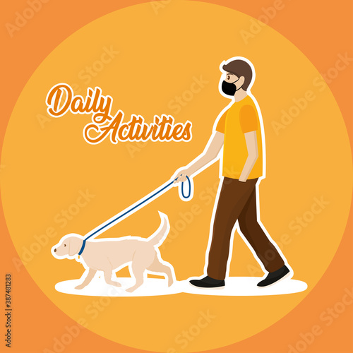 Man walk dog with mask coronavirus protection logo - Vector