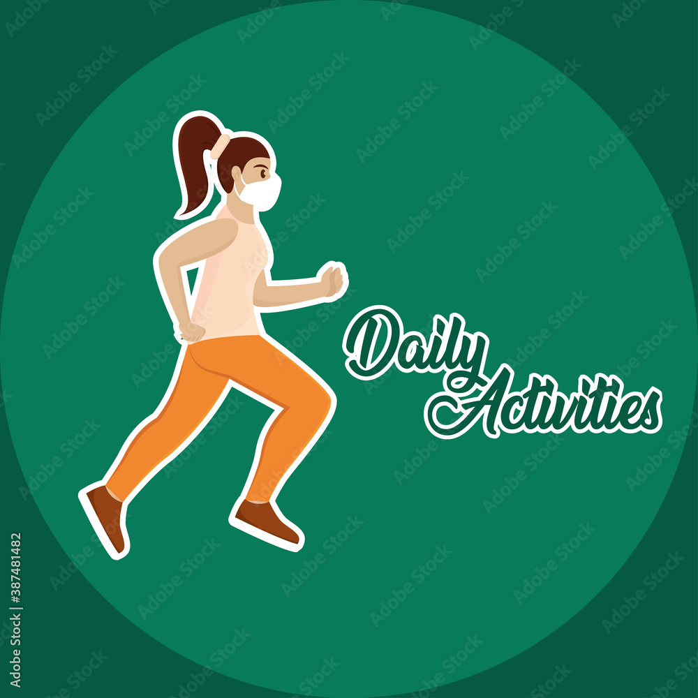 Woman running with mask coronavirus protection picture- Vector