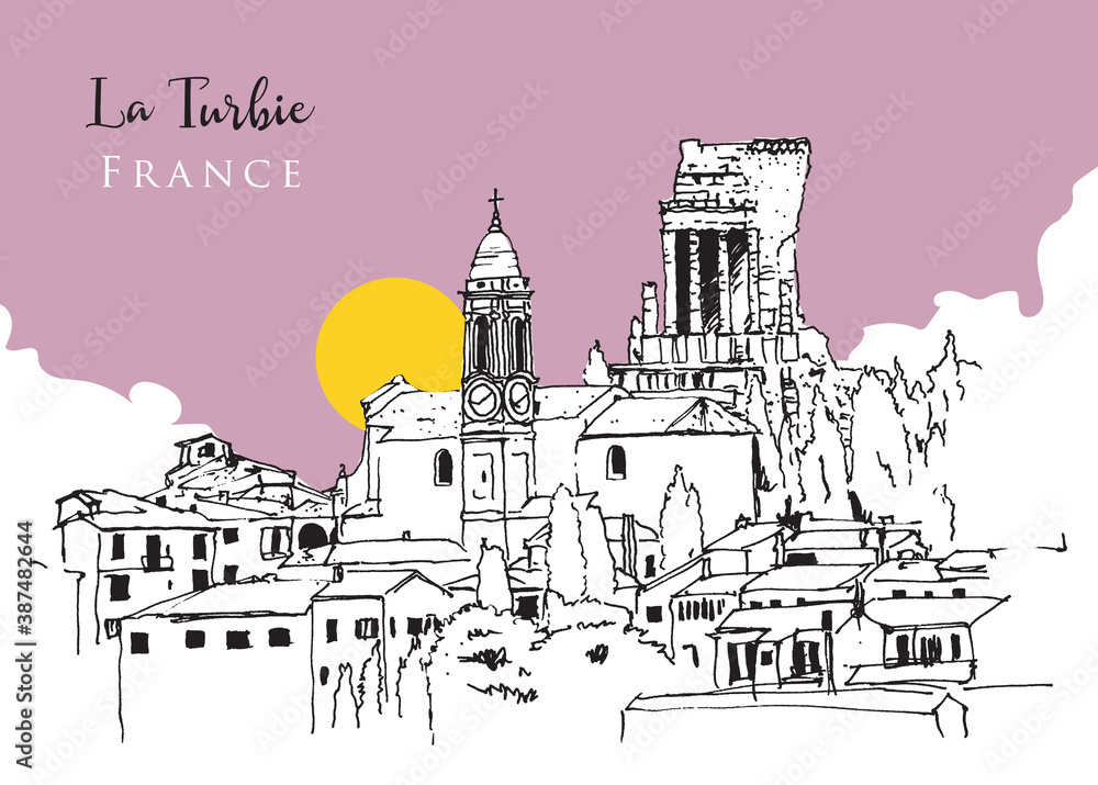 Drawing sketch illustration of La Turbie, France Drawing sketch illustration of La Turbie, France