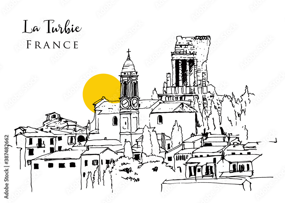 Drawing sketch illustration of La Turbie, France Drawing sketch illustration of La Turbie, France