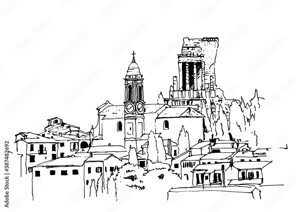 Drawing sketch illustration of La Turbie, France