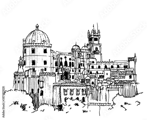 Drawing sketch illustration of the Pena Palace, Portugal