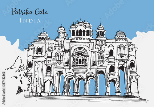 Drawing sketch illustration of Patrika Gate in India