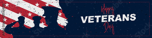 Happy Veterans Day. Greeting card with USA flag and soldiers on background with texture. National American holiday event. Flat vector illustration EPS10