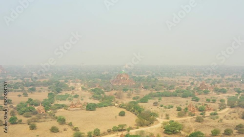 View from above, stunning aerial view of the Bagan Archaeological Zone, Myanmar. Bagan is an ancient city and a Unesco World Heritage Site located in the Mandalay Region of Myanmar. photo