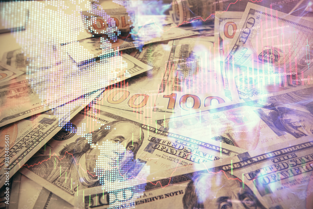 Multi exposure of forex chart drawing over us dollars bill background. Concept of financial success markets. Multi exposure of forex chart drawing over us dollars bill background. Concept of financial success markets.