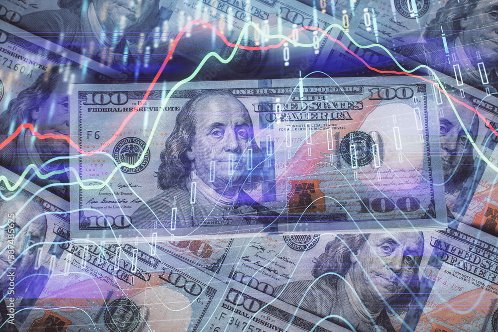 Naklejka premium Multi exposure of forex chart drawing over us dollars bill background. Concept of financial success markets.